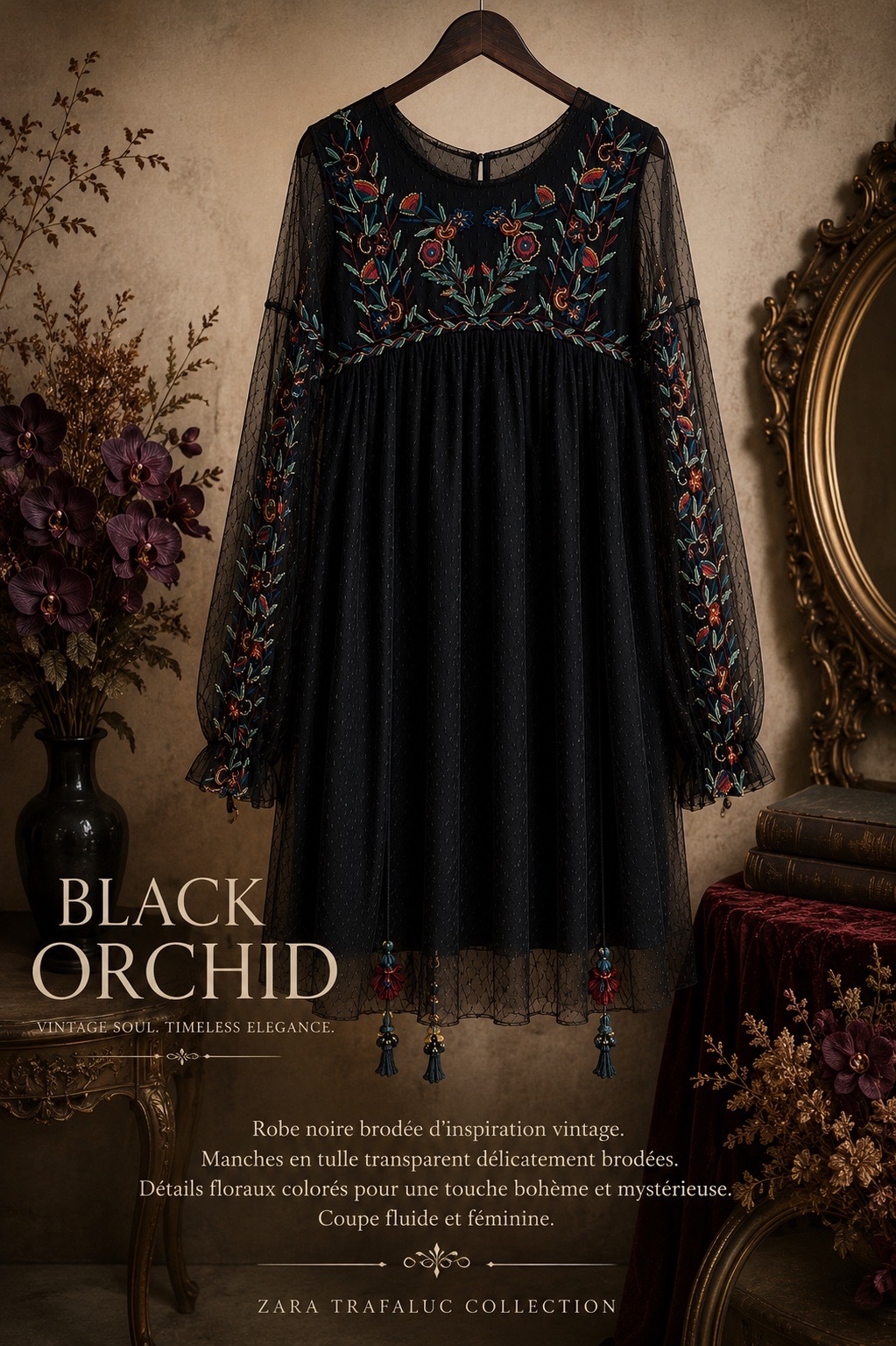 Robe Zara Trafaluc noire brodée — une pièce vintage, mystérieuse et pleine de caractère. 🖤🌹