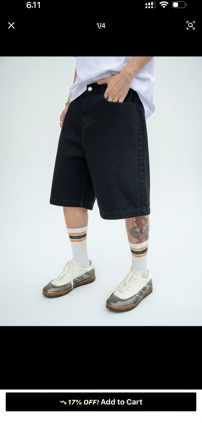Men's Casual Oblique Pocket Solid Black Denim Bermuda Shorts Jorts