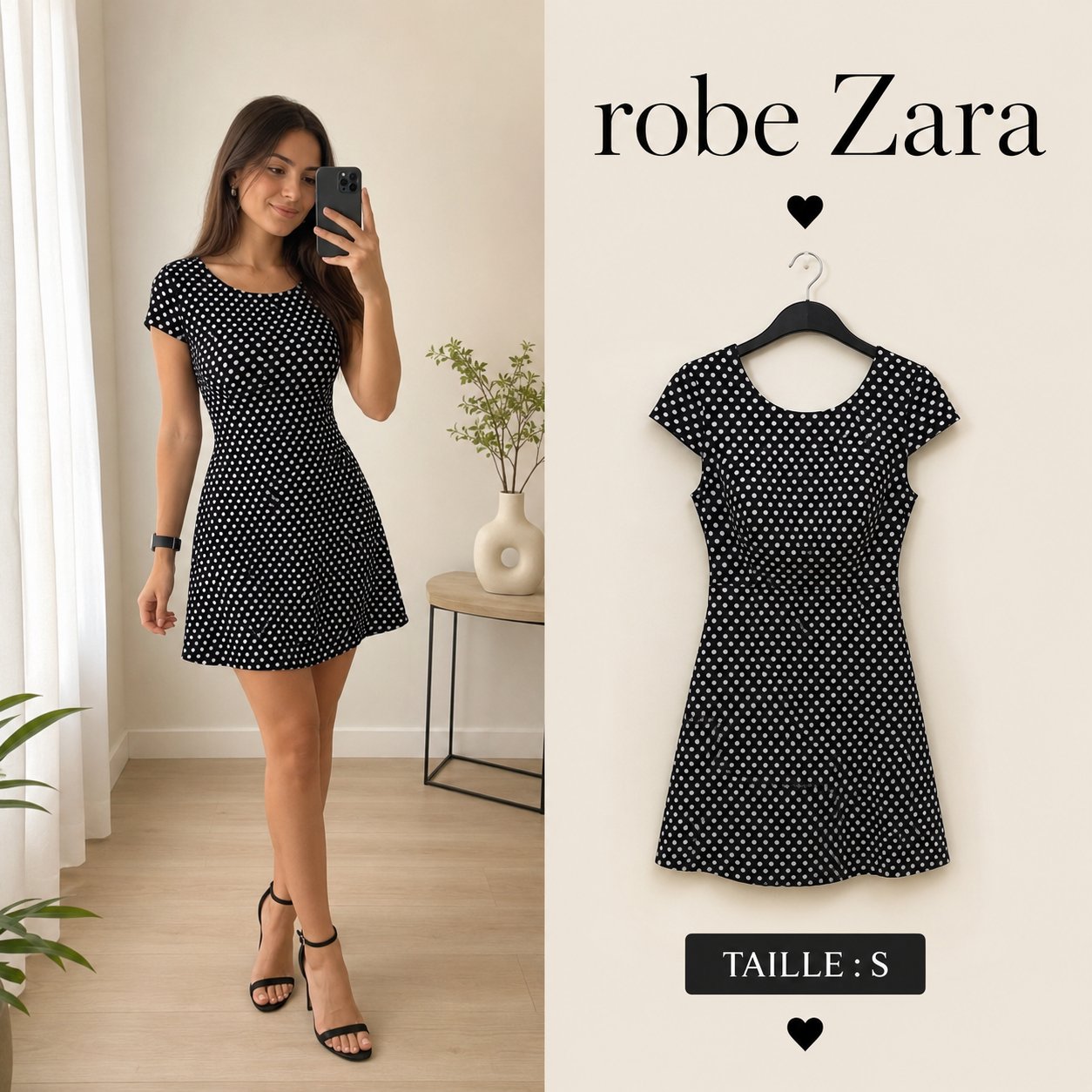 Robe Zara Basic Polka Dot noir/blanc – Taille S/36