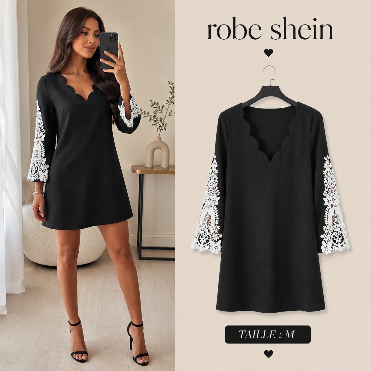 Robe Shein noire avec manches en dentelle 🖤🤍 – Taille M – Neuve