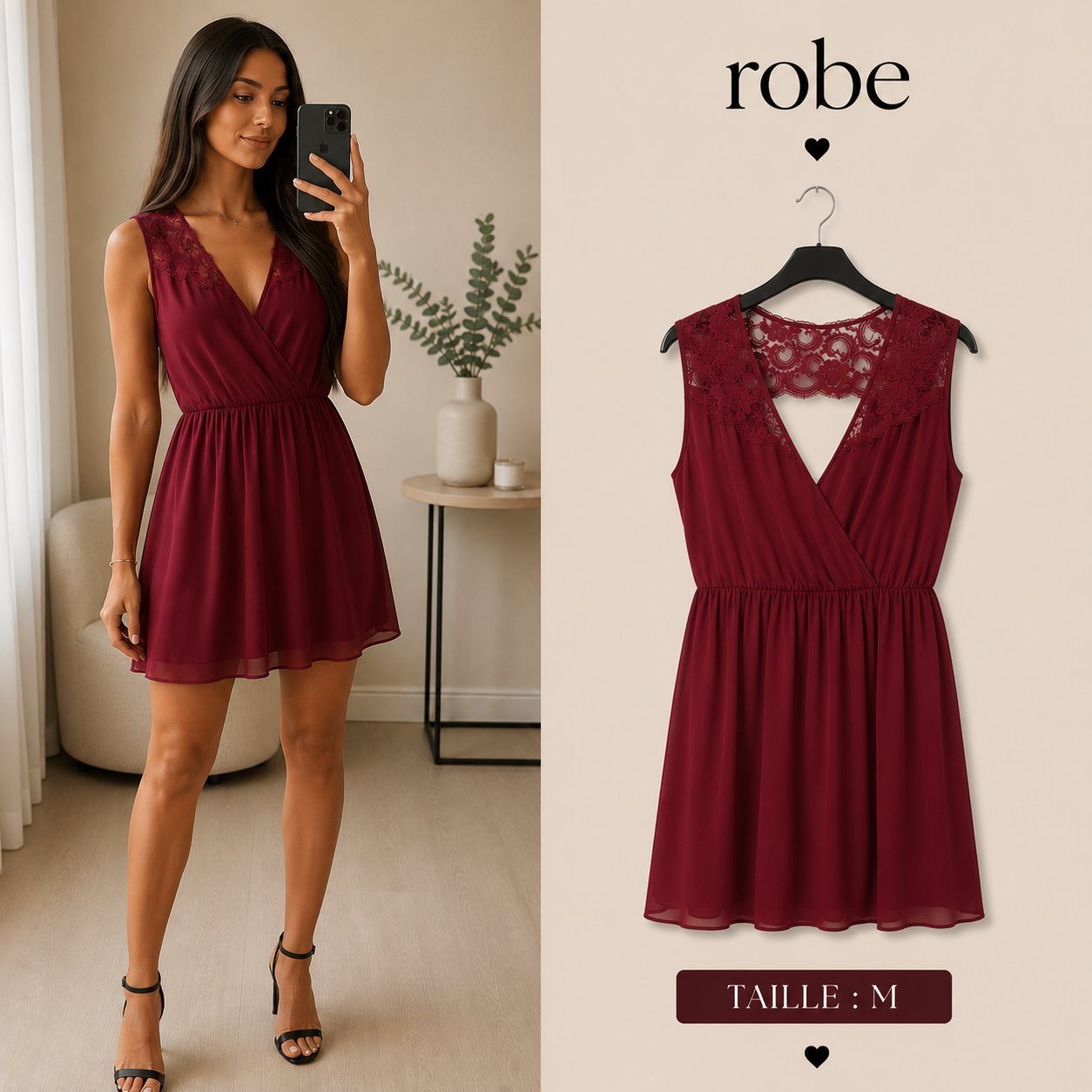Robe bordeaux dentelle élégante – Taille M ❤️