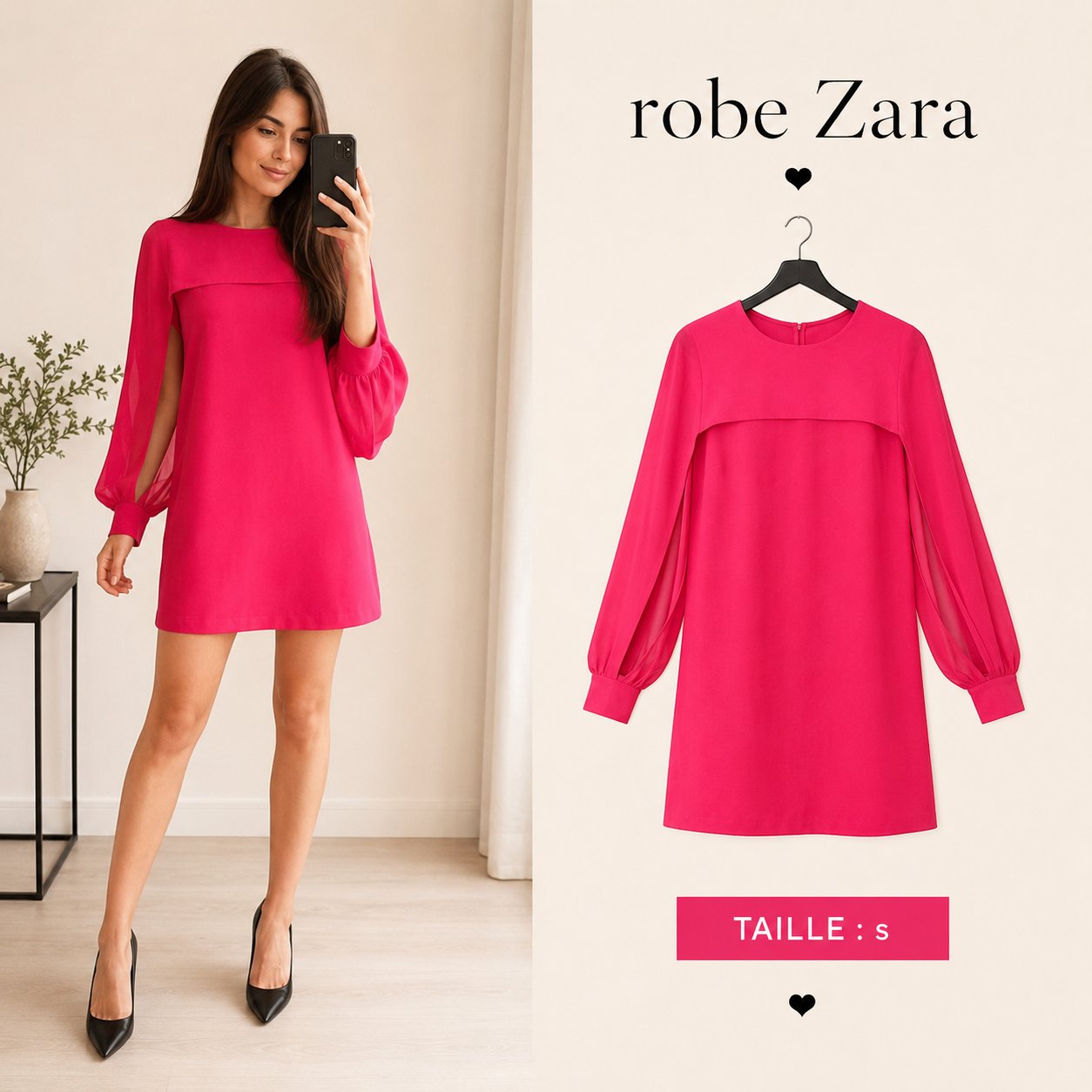 Robe Zara fuchsia manches bouffantes 🩷🩷 – Taille S