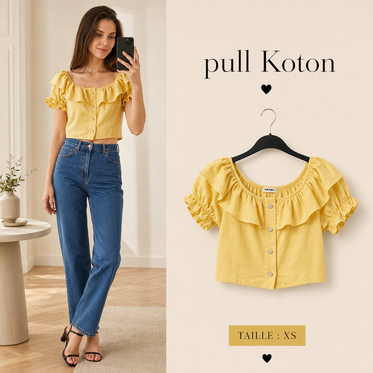 Top Koton jaune pastel à volants - Taille 34 