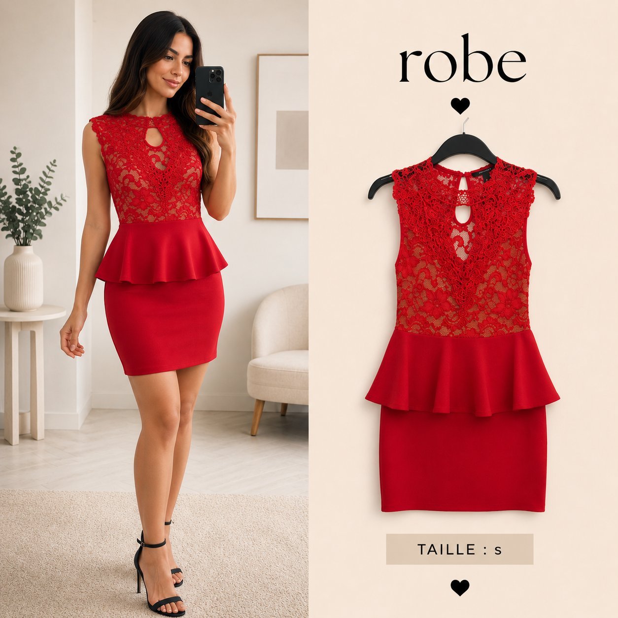 Robe rouge dentelle peplum – Neuve T38/M
