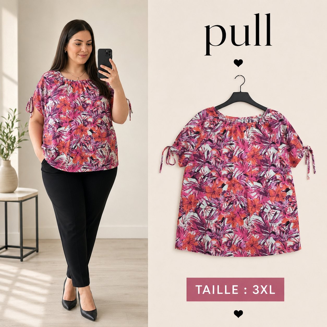 Blouse fluide fleurie rose & corail – Taille 3XL 🌺