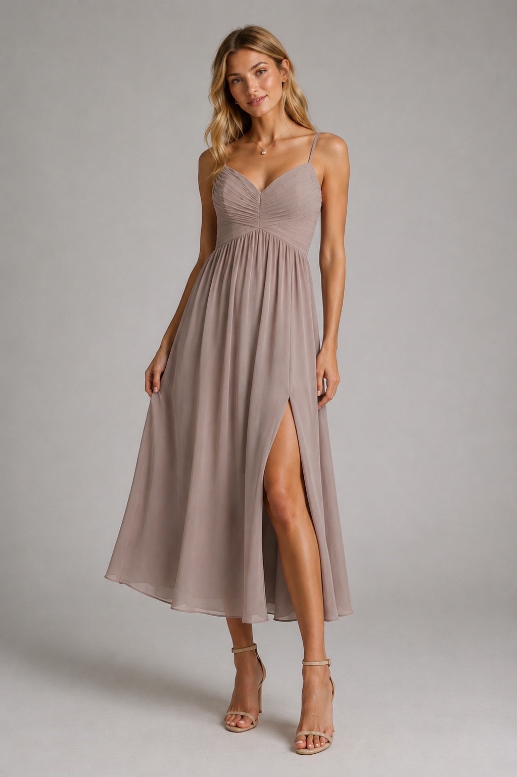 Robe midi élégante couleur taupe / vieux rose poudré