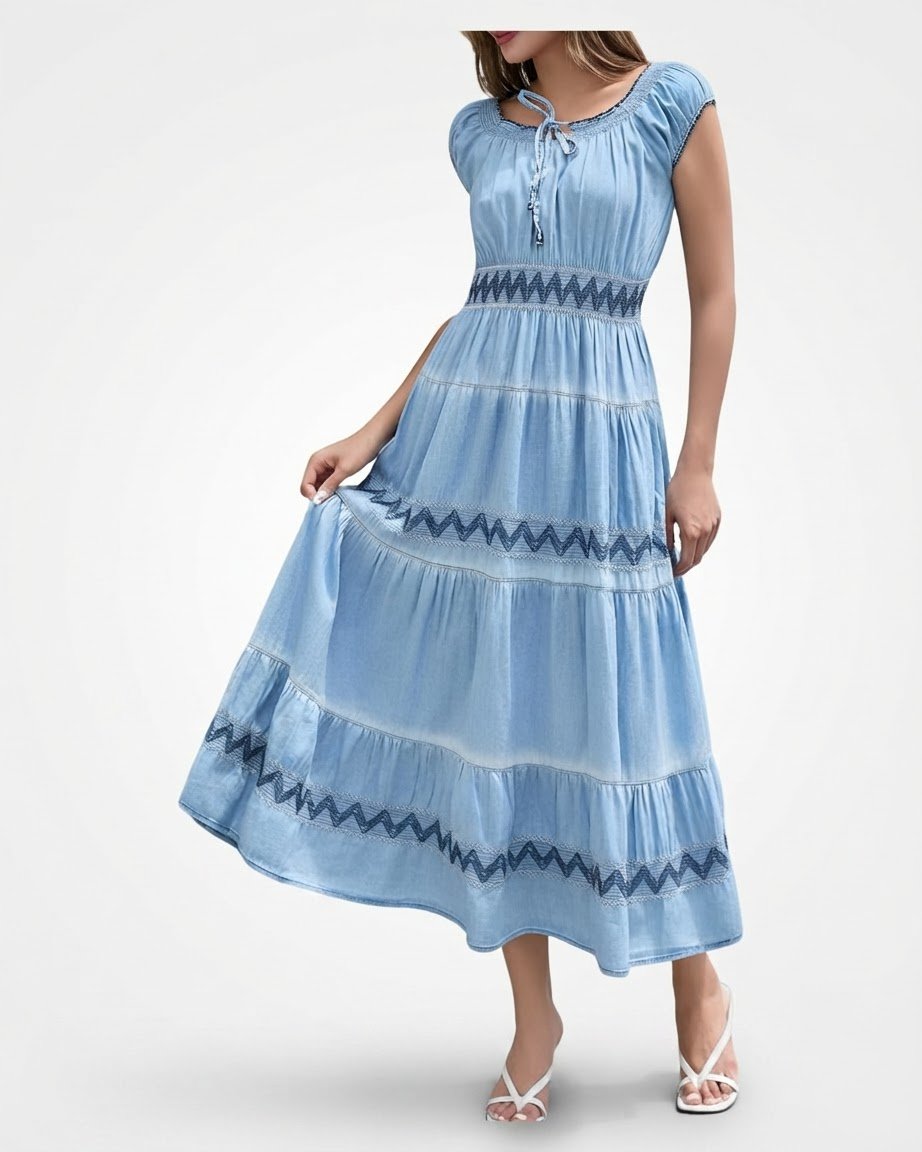 Magnifique Robe Longue de Jour 100% Cotton Smockée à la Taille Avec Broderie Très Stylée NEUVE 💝💖