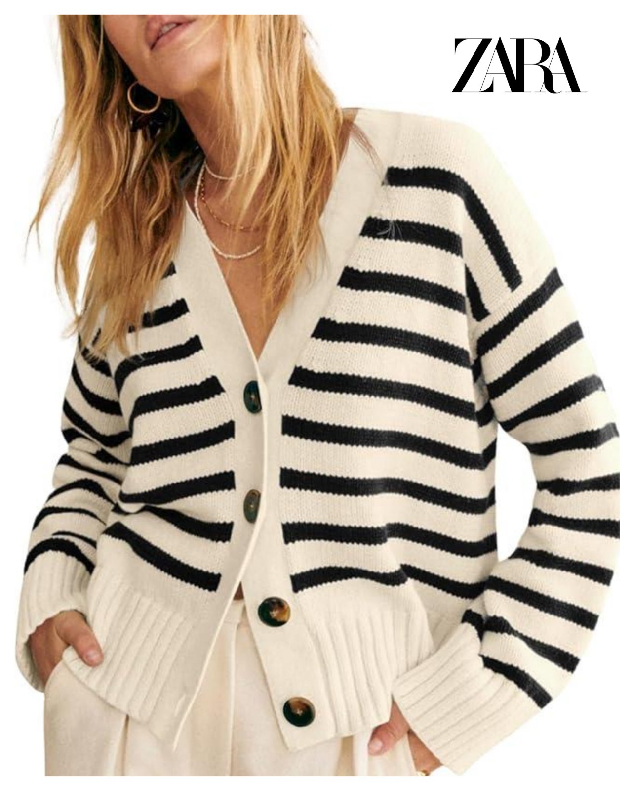 Superbe Cardigan en Maille Encolure en V Avec Rayures Bleue Marine Super Stylé 💝💖