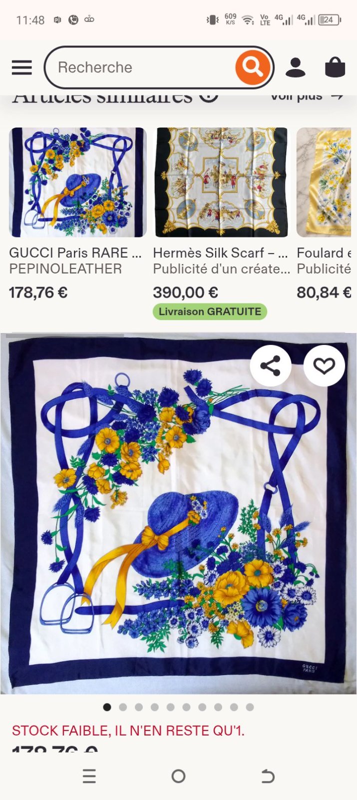 Foulard en soie paris france 84/84 a motif chapeau