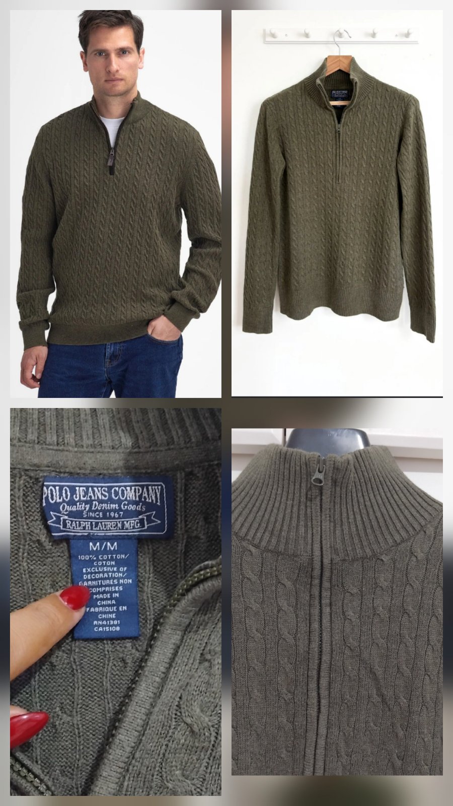 Polo Jeans Co. Ralph Lauren olive green cable-knit quarter-zip sweater. Polo Jeans Co. was a sub-brand launched by Ralph Lauren in the late 1990s, specializing in durablenim, utility wear, and casual sportswear 