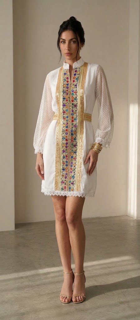 Tunique traditionnelle courte blanche et dorée brodée