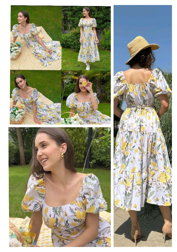 Robe jaune à fleurs et manches ballon