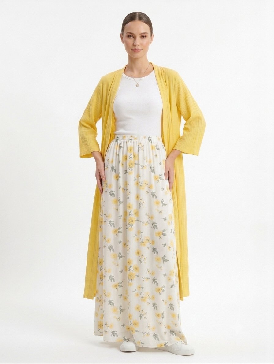 Ensemble 3 Pièces (Top Blanc + Jupe Longue Fleurie + Cache-Maillot/Gilet Jaune)"