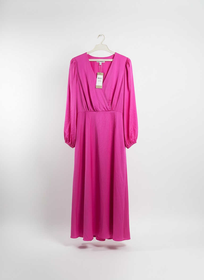 Robe midi satinée portefeuille en rose avec cienture