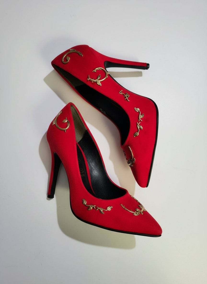 Escarpins rouges avec motifs métalliques dorés 