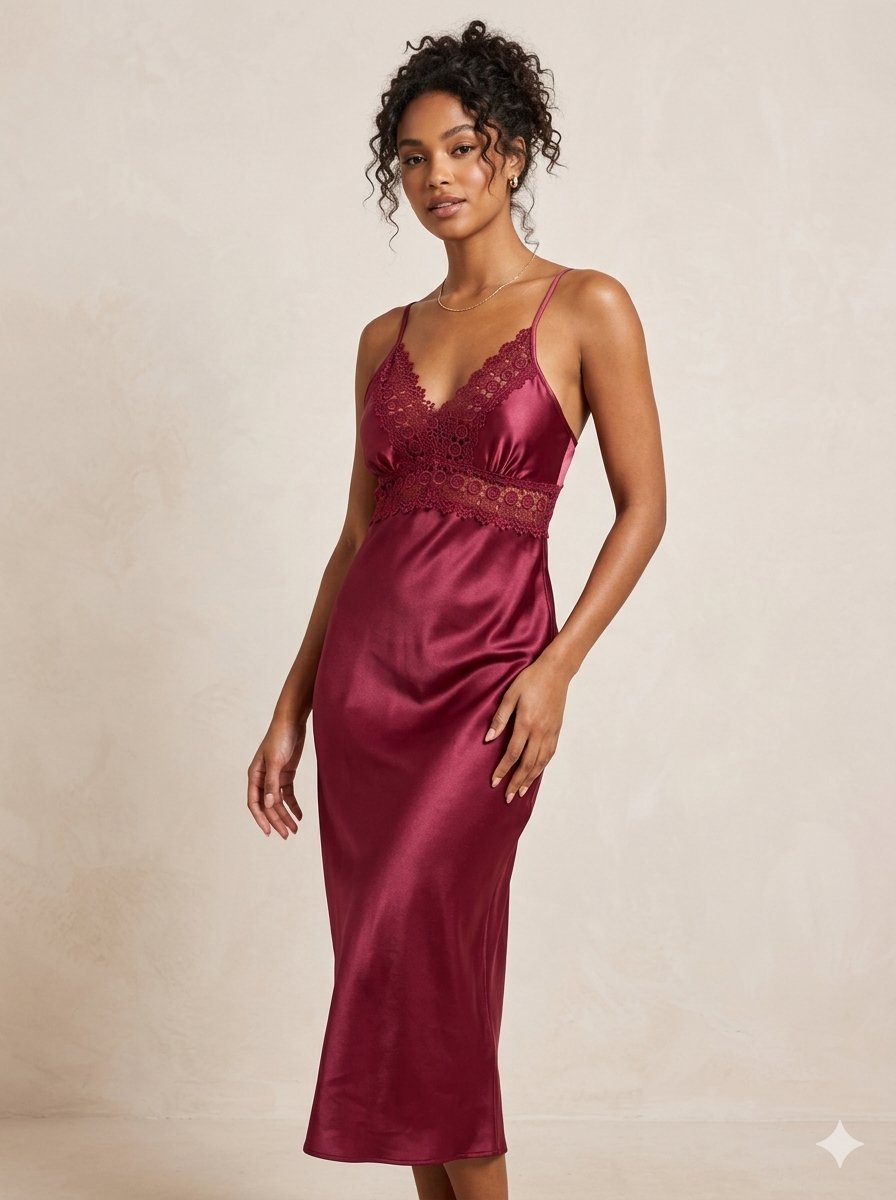 Set de nuit Satin & Dentelle Rouge Bordeaux Neuf jamais porté (Nuisette + Peignoir + Lingerie)