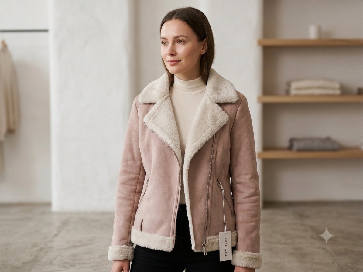 Veste rose avec fourrure douce pour femme. Légère usure du cuir sous la fourrure au niveau du col, mais cela ne se voit pas une fois portée.