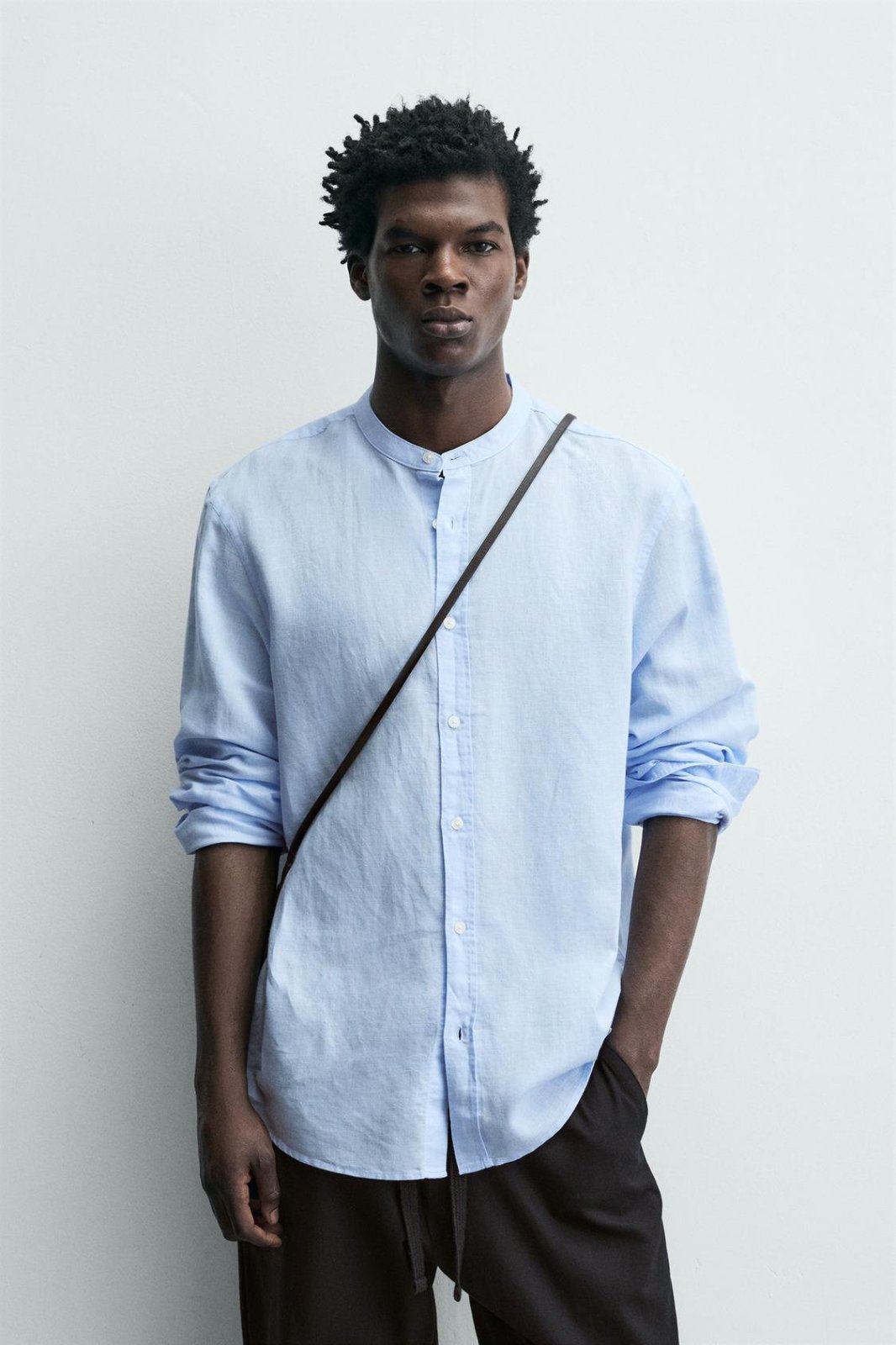 Chemise Zara Col Officier en Lin & Coton - Bleu Ciel  - XL - Comme neuve 
