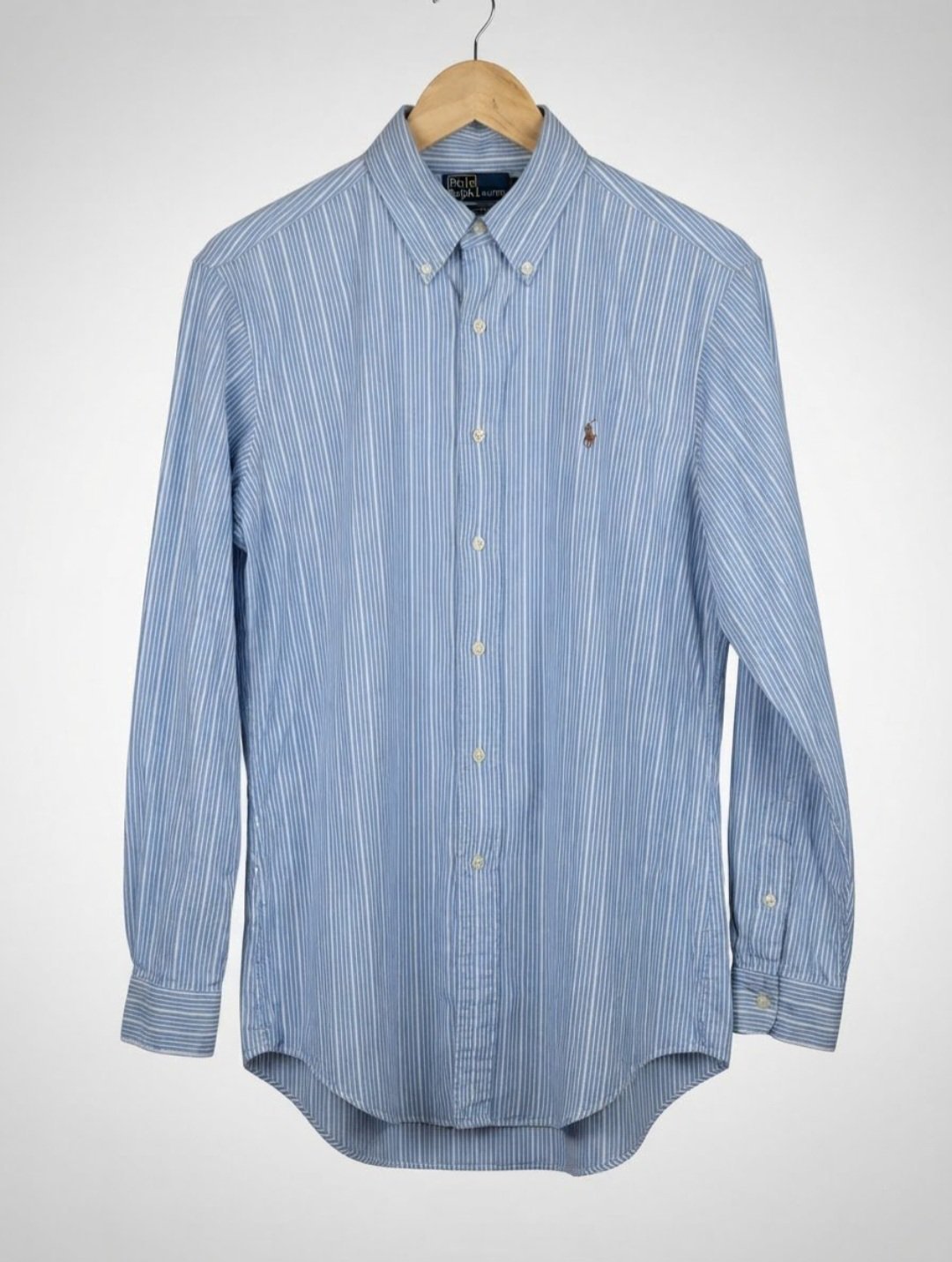 Chemise Polo Ralph Lauren-Rayée Bleu Clair/Écru-Taille 15 1/2-100% Coton.