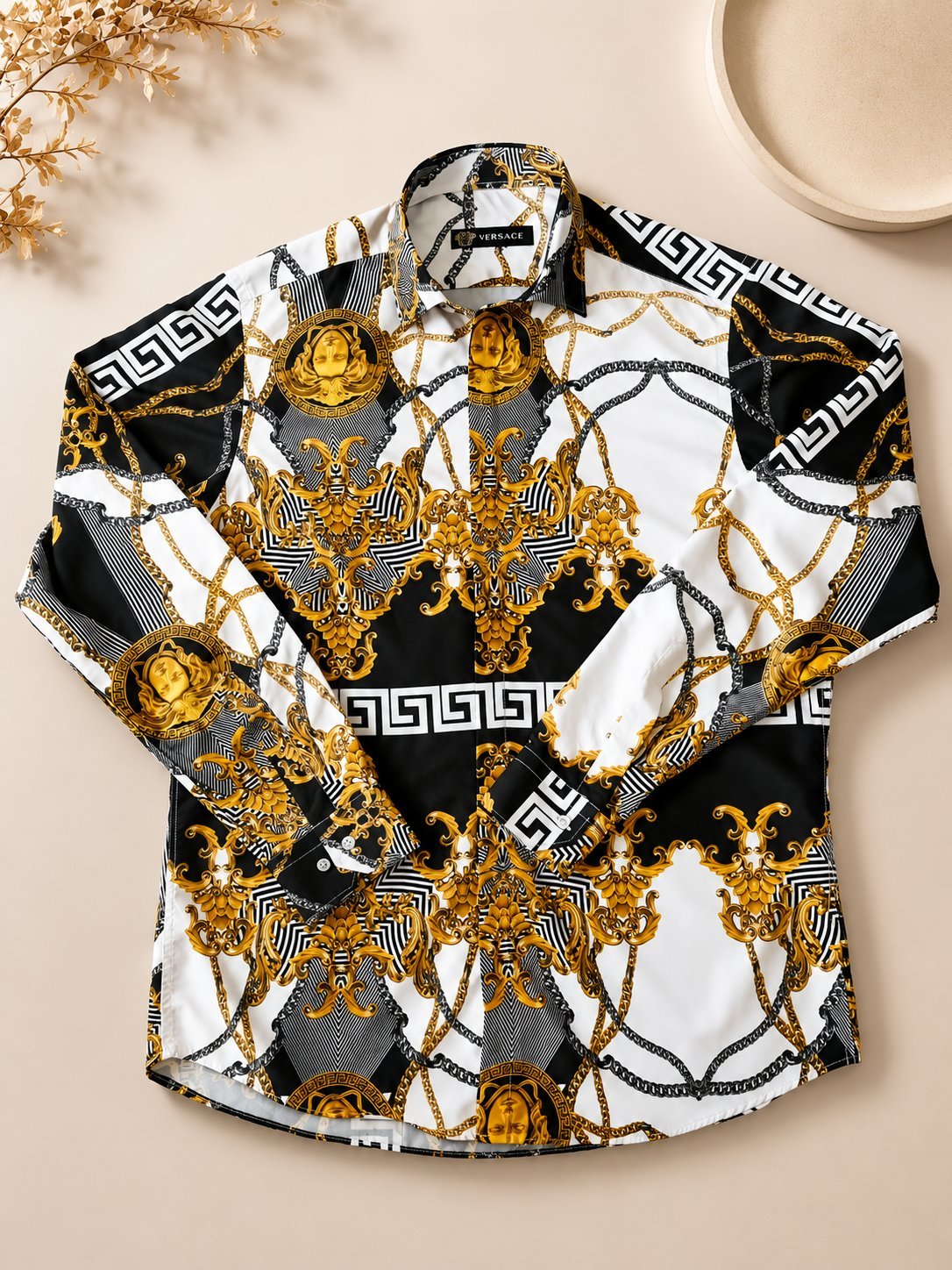 Chemise Style Baroque imprimé Chaînes et Motifs Dorés - Model inspiré du style Versace( Non Authentique) - Taille L - Éxellent État 