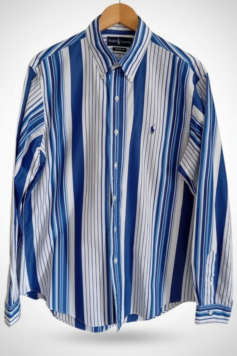 Chemise Ralph Lauren 100% coton  à Rayures Multiples Bleu et Blanc - Taille L - Custom Fit - "Made in Hong Kong" Éxellent État