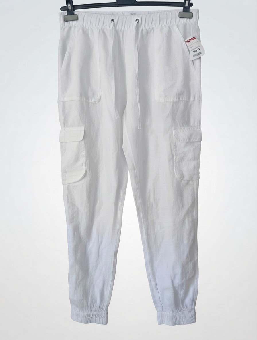 Pantalon Jogger Cargo pour Femme De Nicole Miller - 100% Lin  - Blanc - Taille M - État Neuf Avec Étiquette 