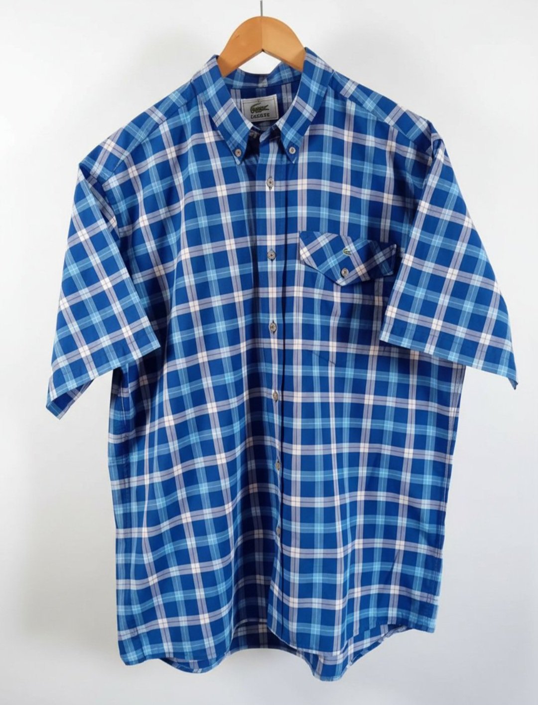 Chemise Lacoste - Made In France - Manches Courtes - Carreaux Vichy Bleus Roi - Taille Étiquette 42 Coupe vintage Ample 