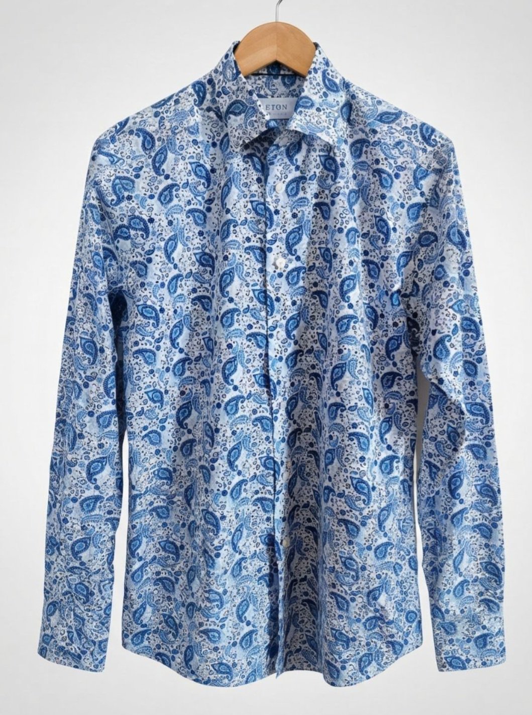 Chemise Eton Motif Cachmire Bleu - Taille 40 (15 3/4) Coupe Slim-Signature Popeline(tissu fin frais mais résistant et durable)