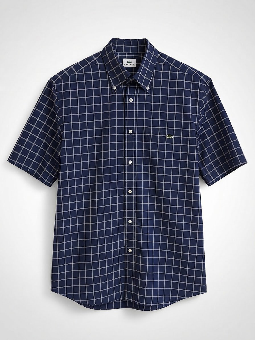Chemise Lacoste Manches Courtes - Bleu Marine Carreaux gris - Taille XL - 100% Coton - Éxellent État 