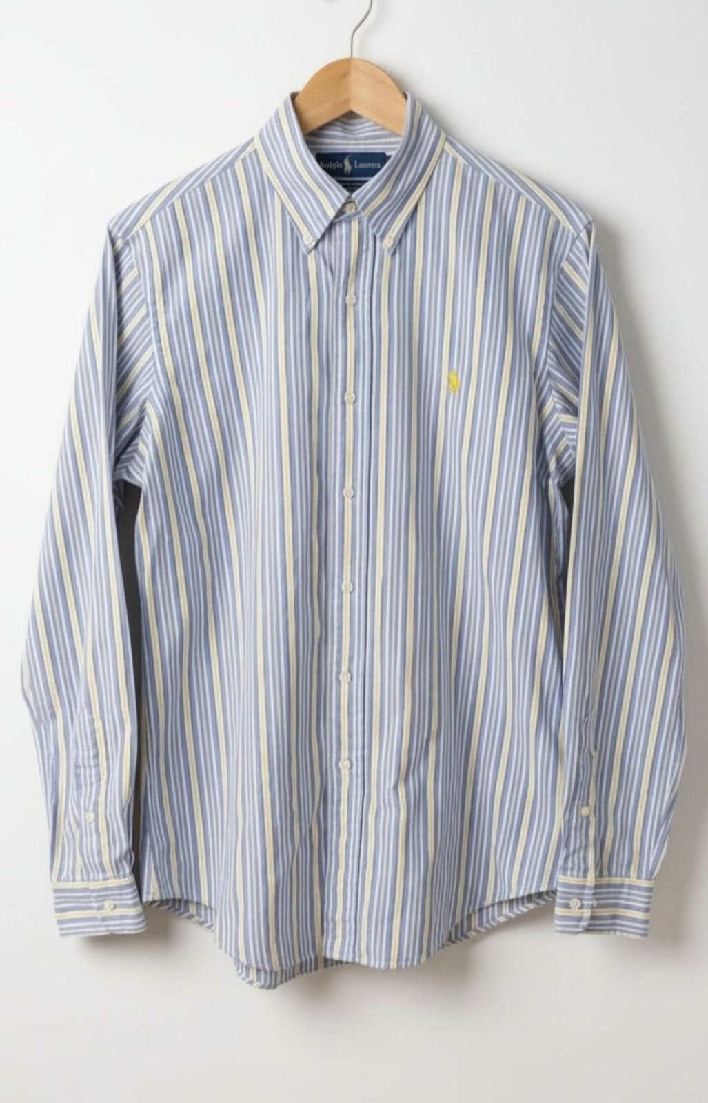 Chemise Ralph Lauren Custom Fit  - Rayures Bleu/Jaune/Blanc - Logo Poney Jaune Brodé poitrine - Taille 15 1/2 M Éxellent État 