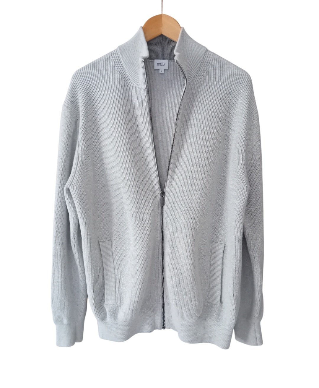 Gilet zippé maille côtelée col montant Celio Gris clair Chiné Taille L - 100% Coton - Éxellent État 