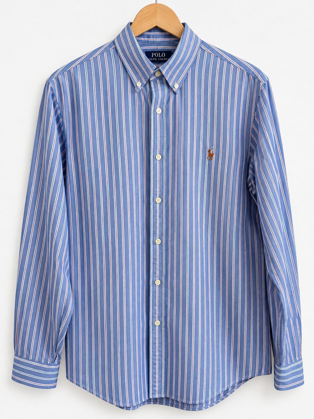 Chemise Polo Ralph Lauren-Rayée Bleu & Rose/Blanc-taille L Custom Fit(Coupe Ajustée Moderne et Élégante)- 100% Coton de Qualité 