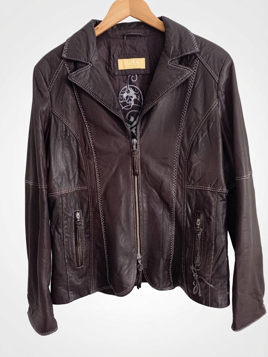 Veste en cuire d'agneau véritable BIBA Femme - Marron Foncé  - Y2K - Doublure Baroque - Taille 46 F 