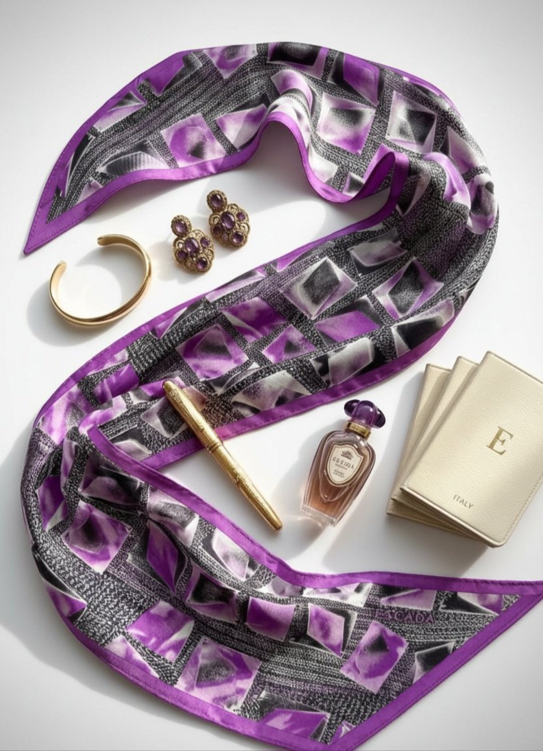 Foulard Bandeau ESCADA 100% Soie - Motif Géométrique 3D Made In Italy - 108×21cm