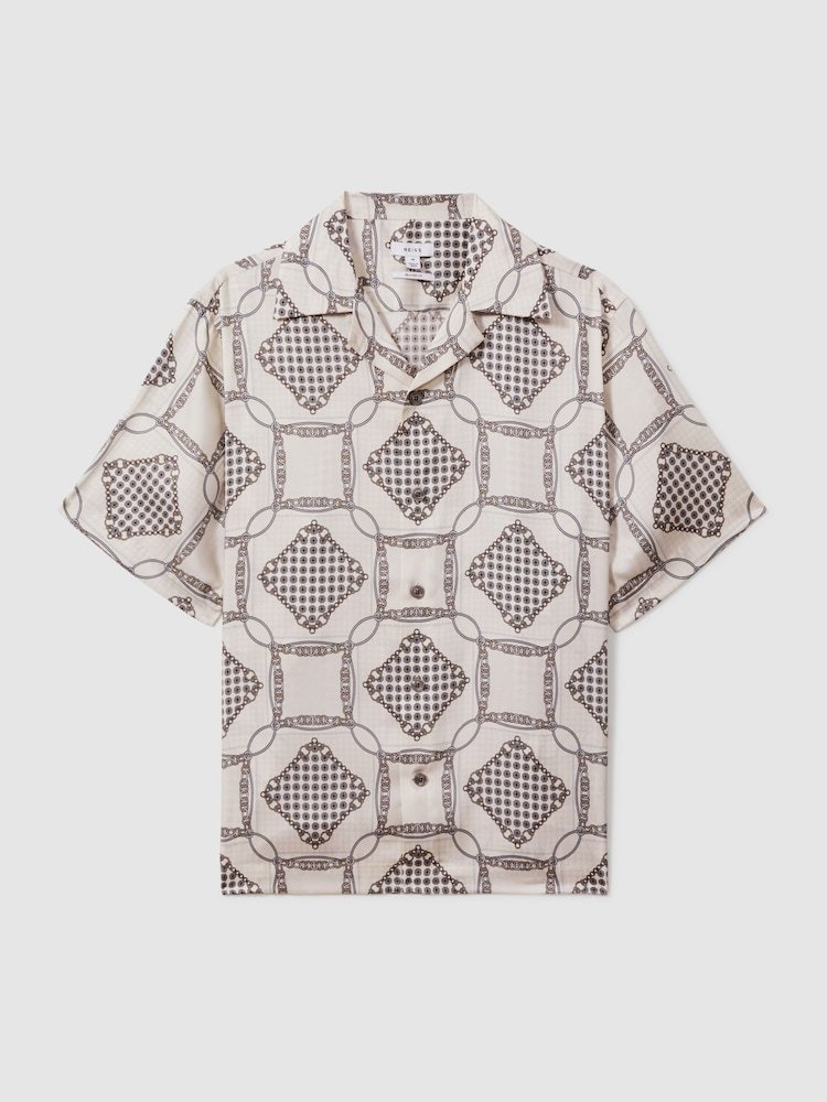 Chemise Manches Courtes Reiss décontracté à Col Cubain Et imprimé Chaînes  - Taille XL - Neuf 