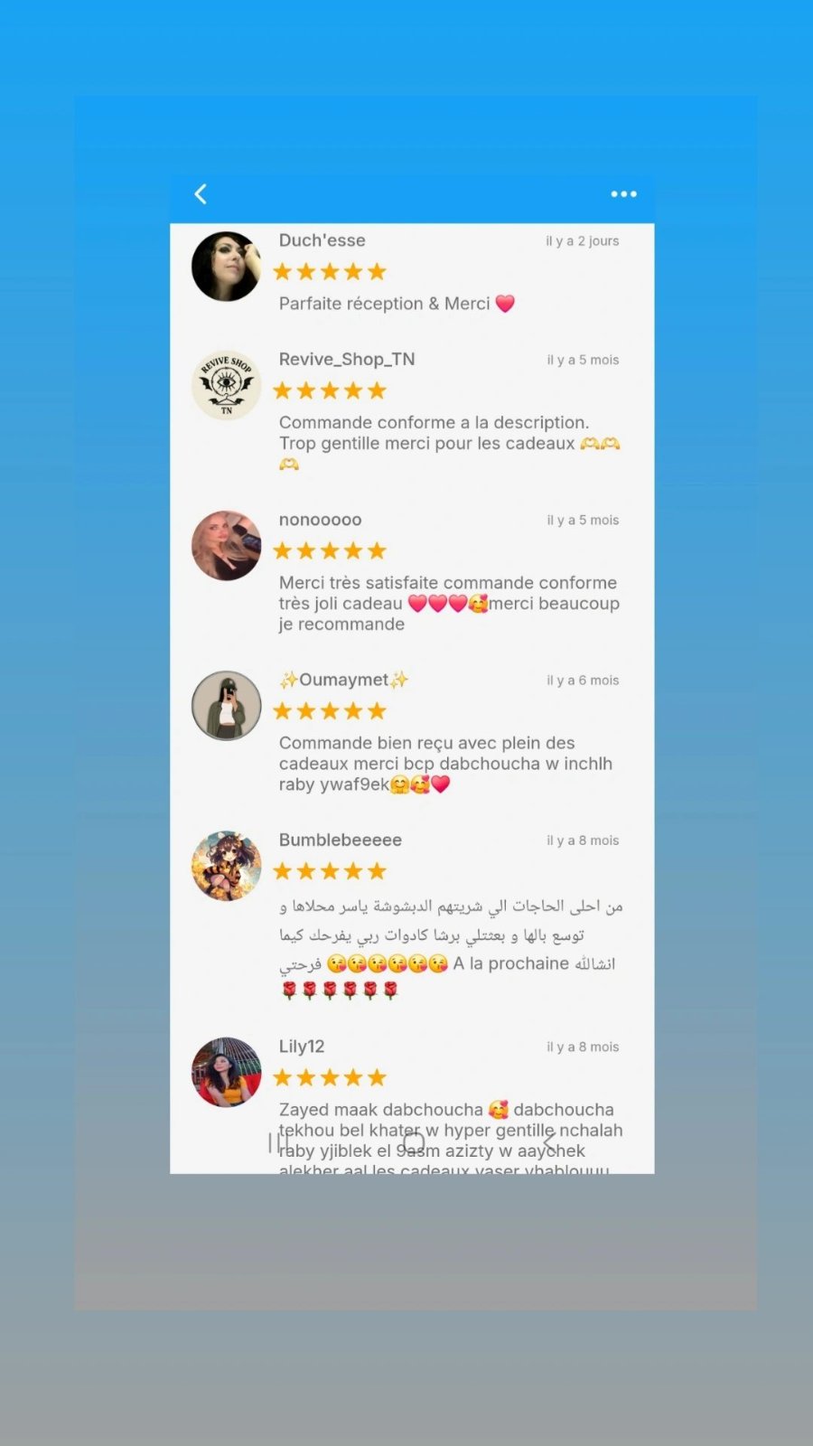 Nouvelle cliente satisfaite 😍 Saha dabchouchaa et merci d’écrire et d’avoir pris de votre temps 😍❤️❤️❤️❤️❤️r 