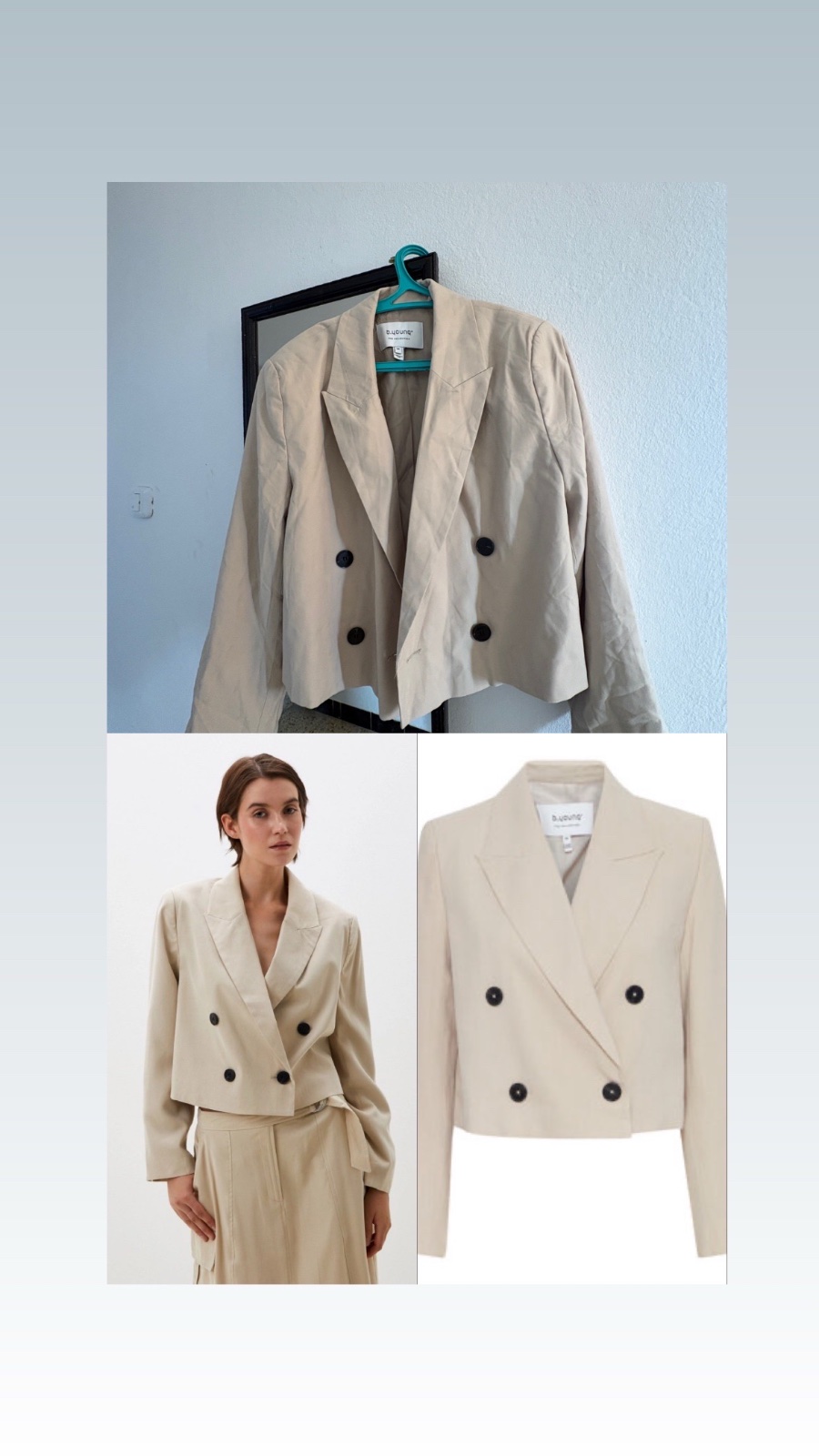 Double-breasted cropped beige blazer