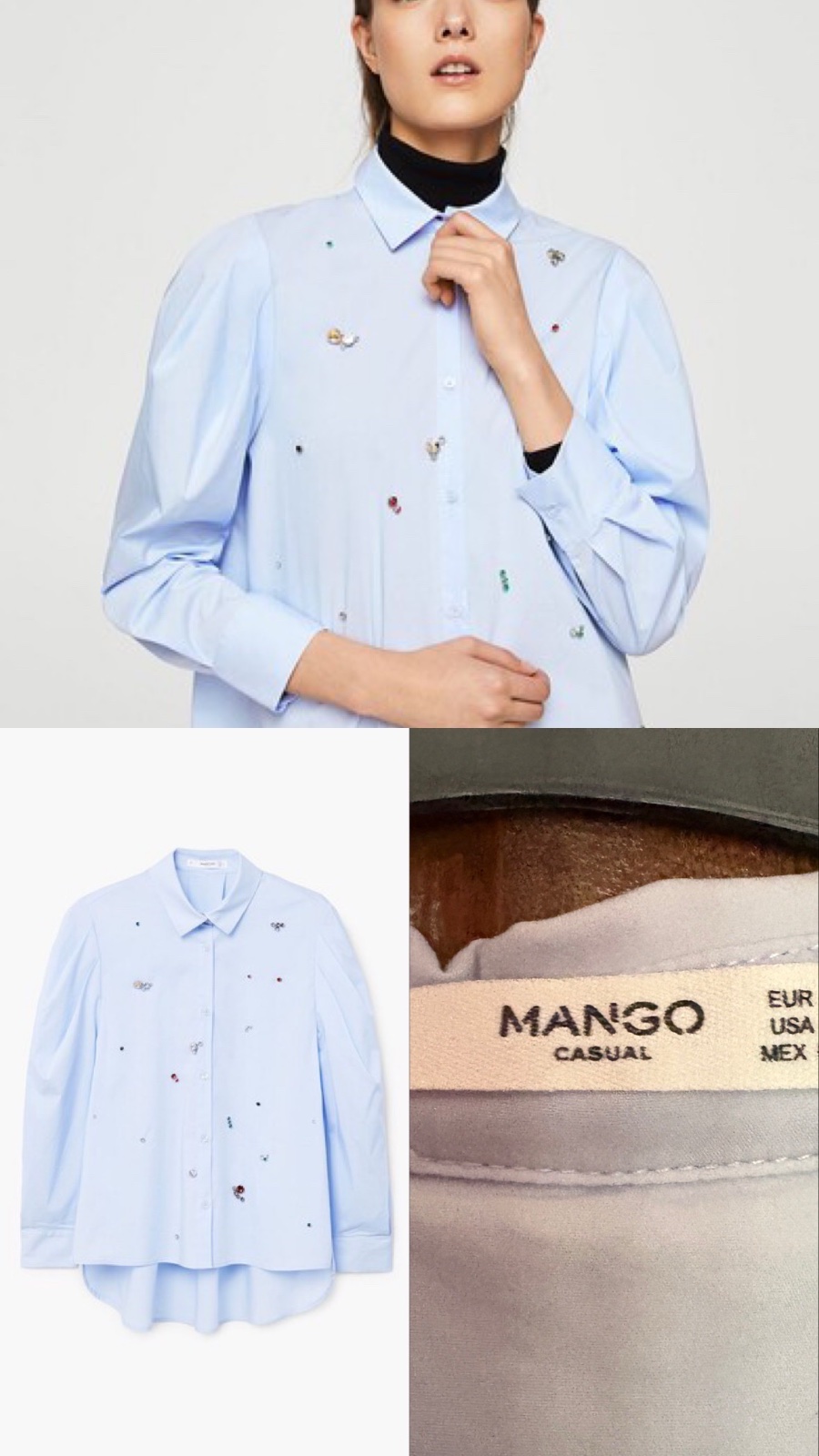 Mango stylish blouse light blue with colorful rhinestones 💙🩵❤️🩷💚🤎
