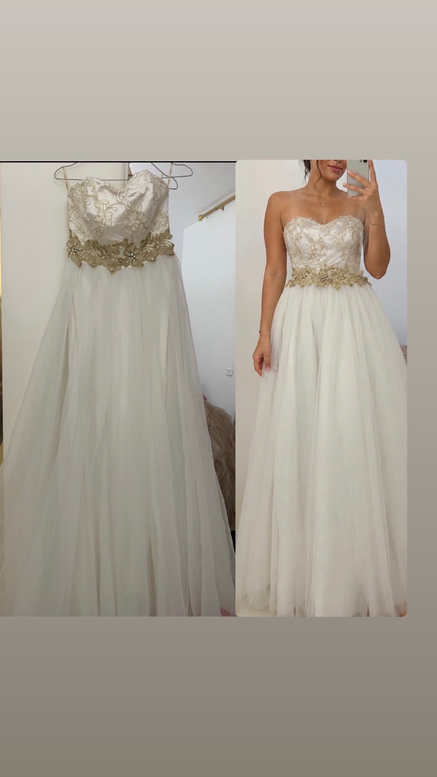 Magnifique Robe blanche Bustier avec Ceinture Dorée et Tulle🤍🤍