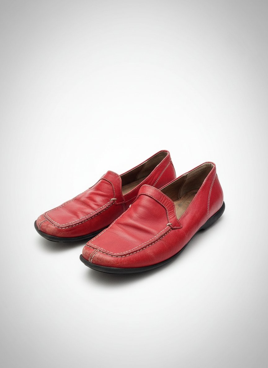 Chaussures sont des mocassins en cuir rouge