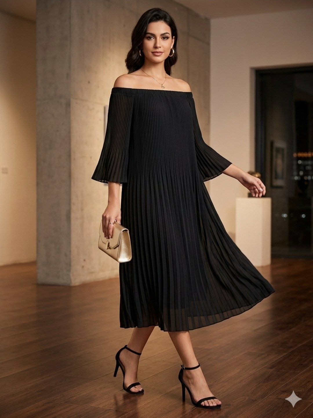 Robe noire fluide entièrement plissée – Style Chic,  Taille 38/40 sans ceinture (perdue)