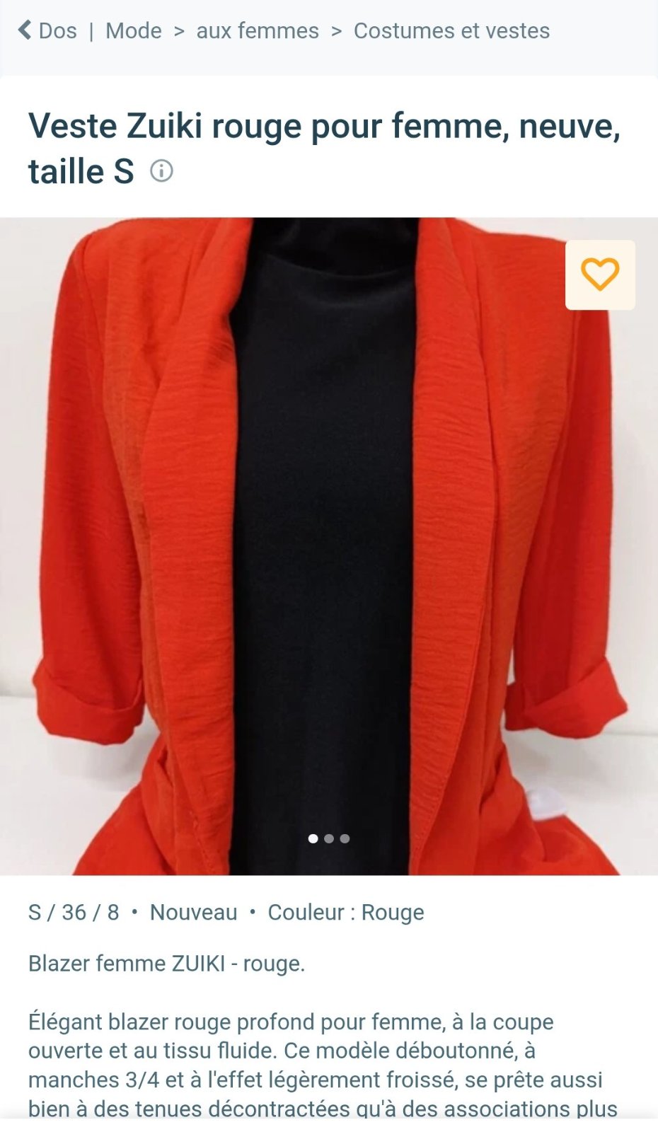 Blazer fluide corail/orangé de la marque italienne Zuiki – T36/38/40