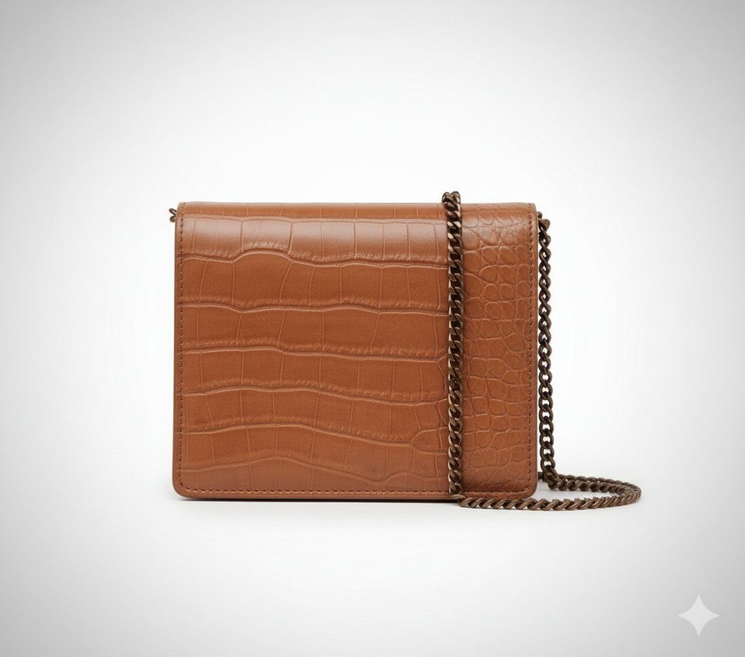 Mini Sac Pochette Carré Effet Croco Marron / Cognac