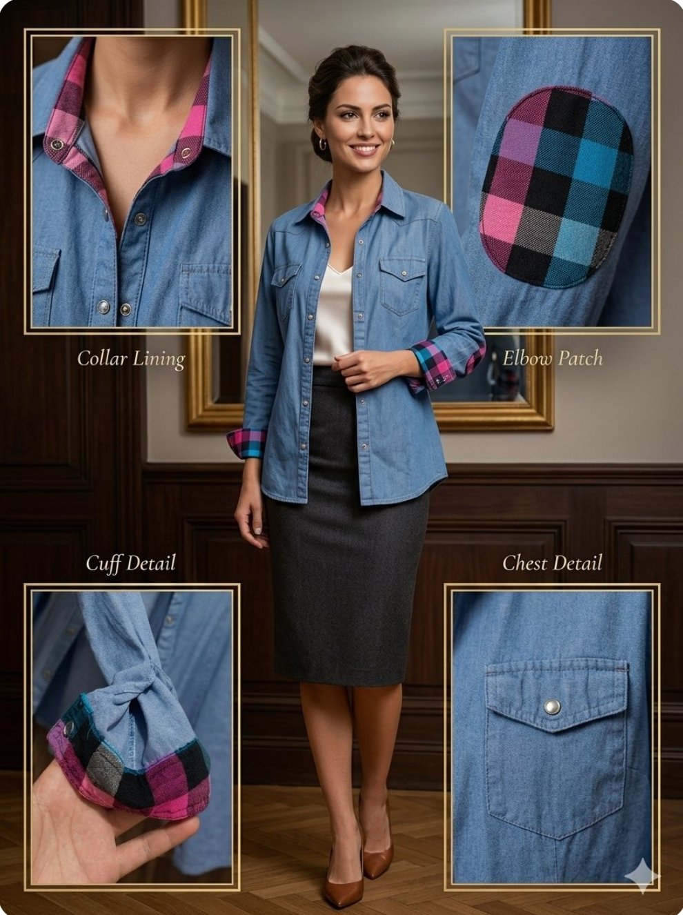 Chemise en jean de la marque An'gel Paris avec détails tartan (T38/40) sans ceinture 