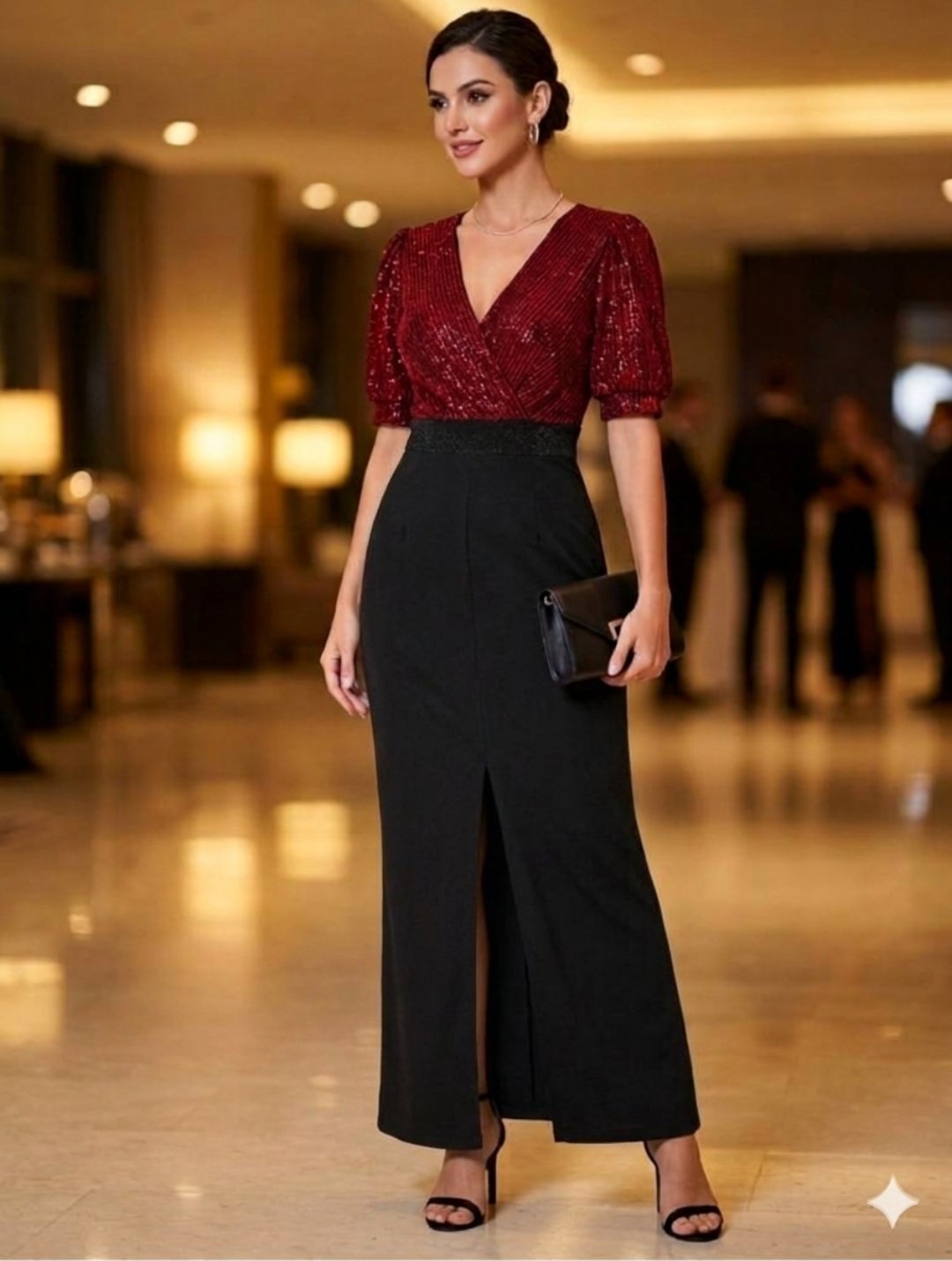 Robe longue bicolore SHEIN (Haut pailleté rouge / Bas noir)- portée 1 seule fois 