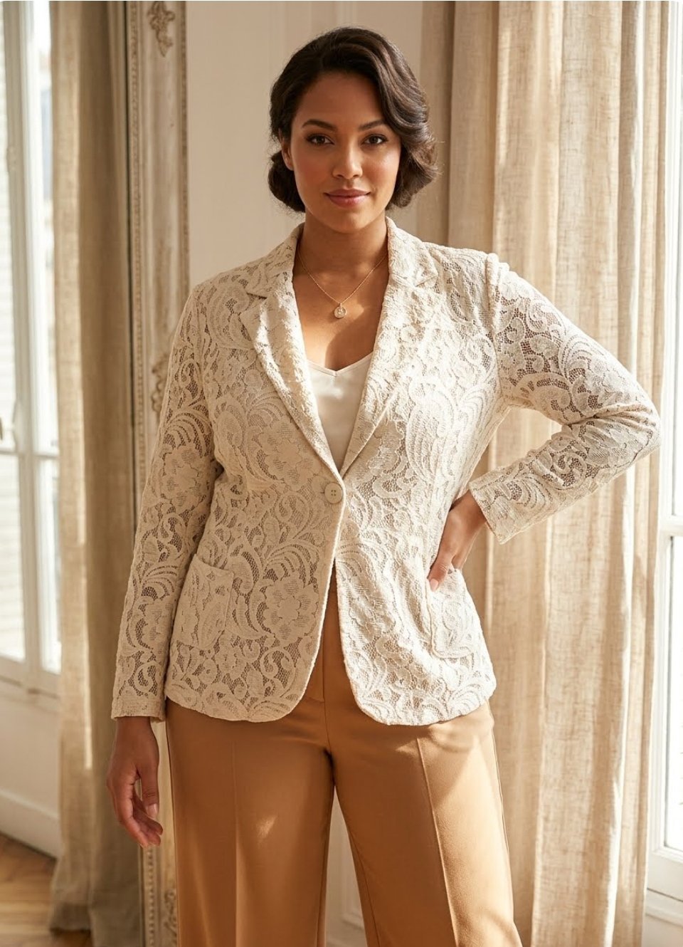 Veste Blazer légère en dentelle beige/crème.Made in Italy T L/ XL