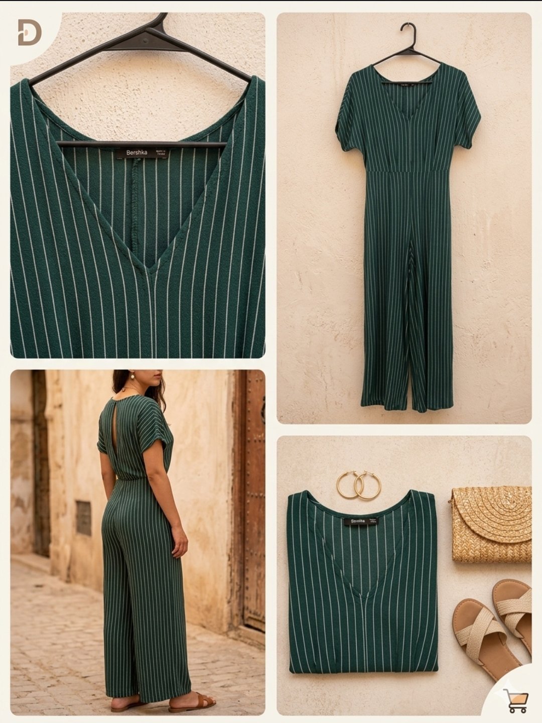 Combinaison-pantalon Bershka T36/38 vert foncé à fines rayures blanches, col en V, manches courtes et jambes larges (style palazzo).