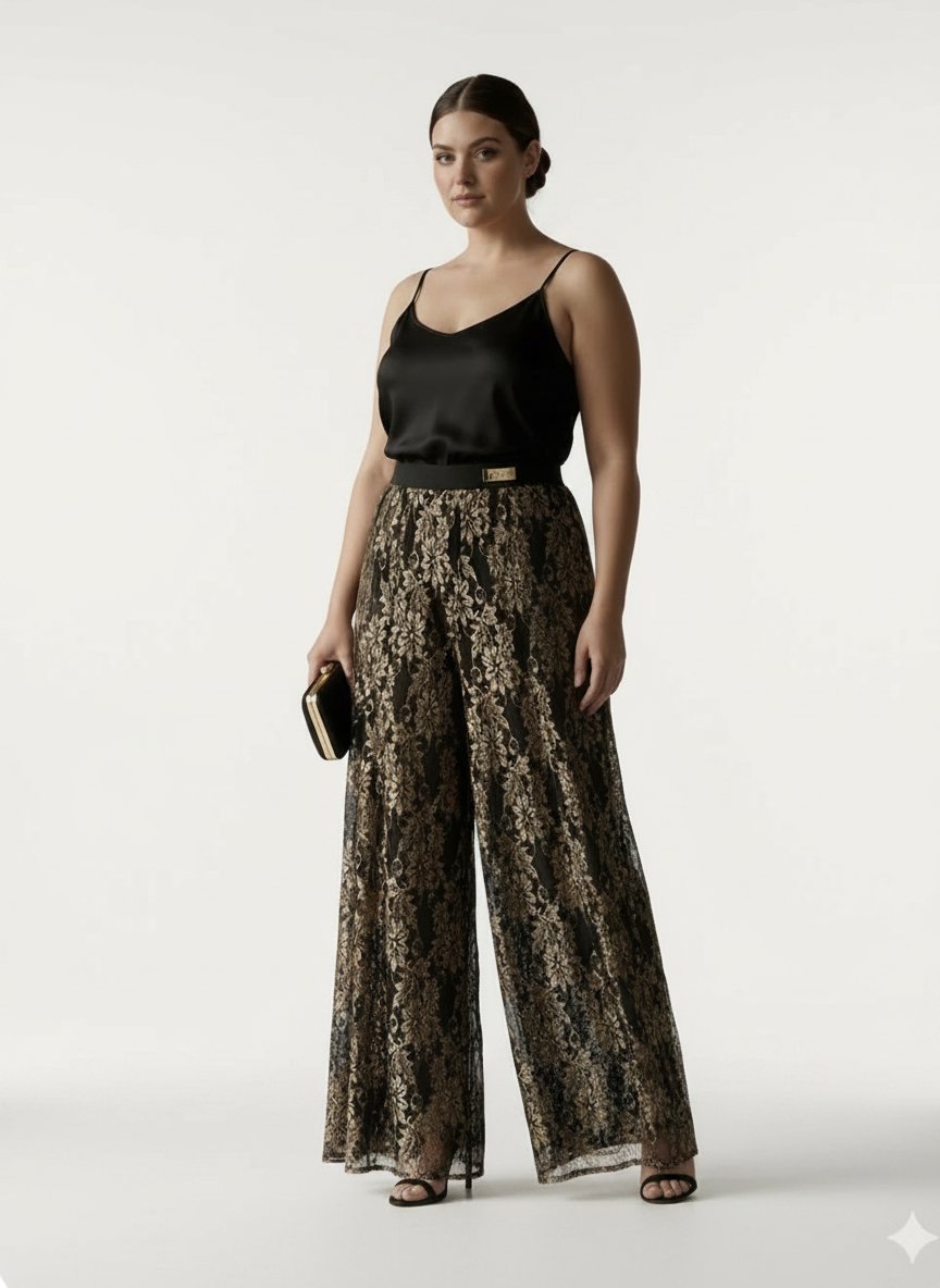 Pantalon Palazzo Fluide en Dentelle Noir & Doré – Taille XL (État Neuf / Très bon état)