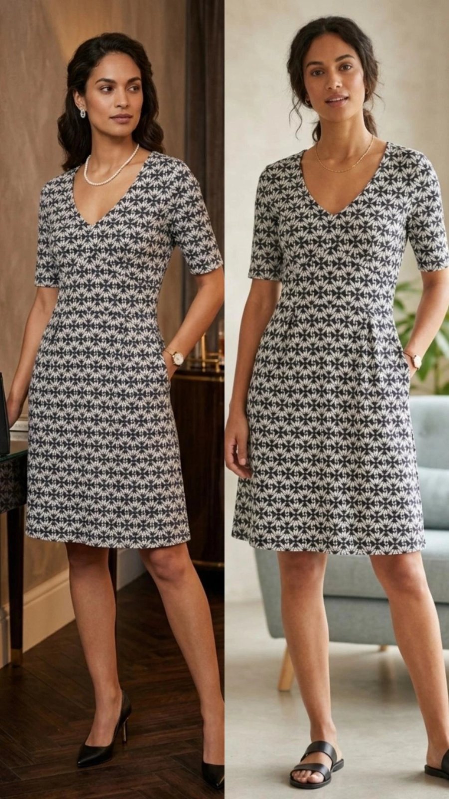 Robe fluide imprimé géométrique noir et blanc – Marque Formul (Taille 36/38)