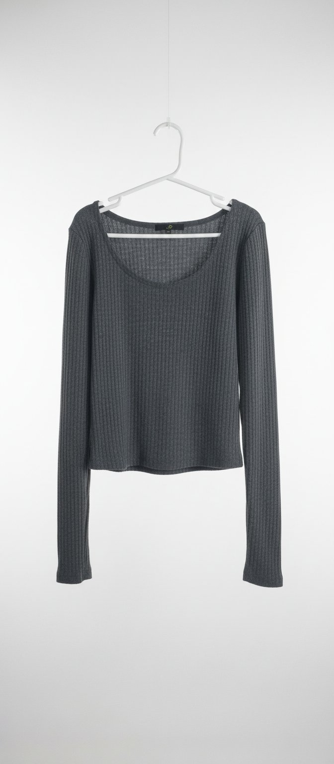 Crop Top Côtelé Manches Longues Gris Anthracite